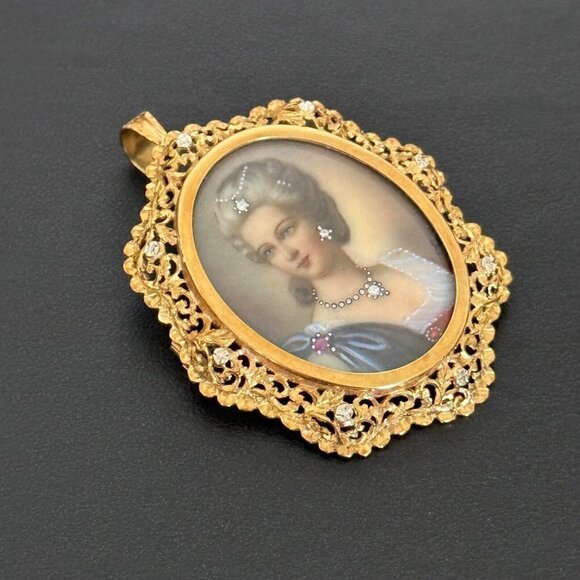 18K Yellow Gold Antique Intricate Filigree Diamond Portrait Cameo Pin Pendant - Picture 3 of 15